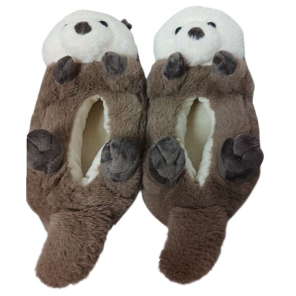 Ooh Geez Cute Otter Plush Slippers Non-Slip Sole Brown & Cream Small 5--6 - Picture 10 of 14